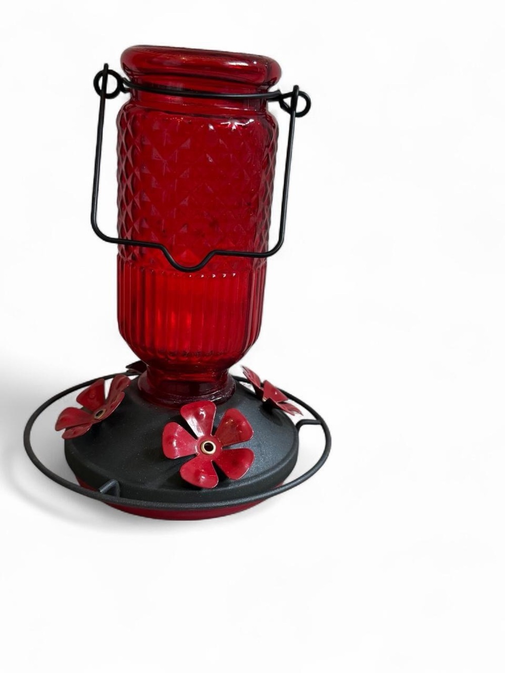 Red Glass Hummingbird Feeder with Floral Perches